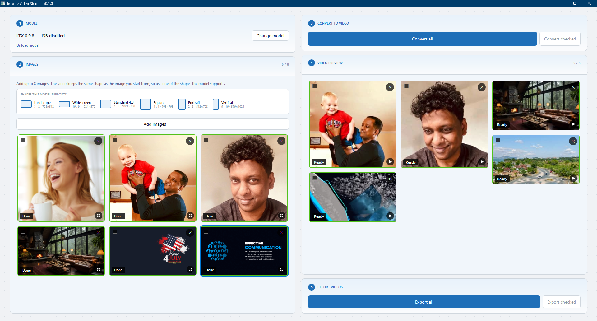 The Image2Video Studio workspace. On the left: a model picker showing the loaded model, and a list of source photos. In the centre: settings for the selected image including a motion description, length, and quality. On the right: convert and export controls, with a masonry grid of generated videos.